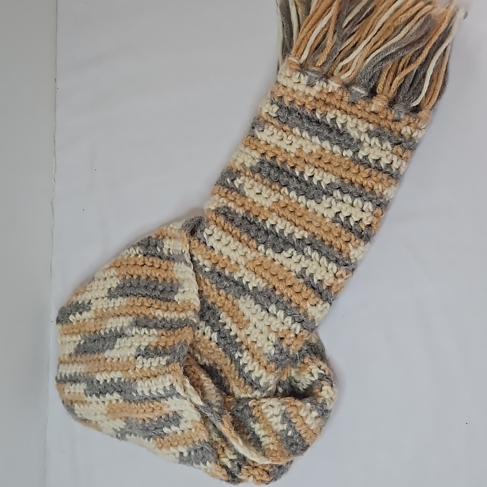 Handmade Crochet Scarf Gray Cream  Brown Upcycled Eco-Friendly Hand Knit Artisan - Picture 14 of 17